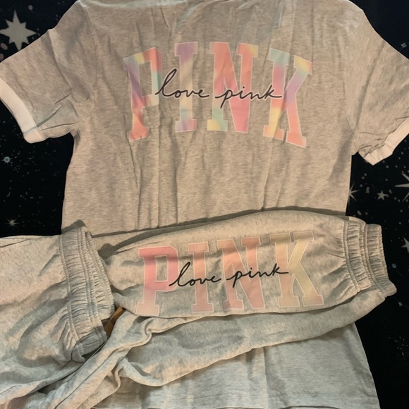 Victoria’s Secret Pink Grey Freya Tie Dye Logo Campus Ringer & Baggy Sweats - Picture 5 of 11